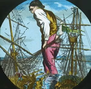 Lantern Slide Gallery: Gulliver captures the Blefuscudians ships, lantern slide, late 19th century. Creator: Unknown