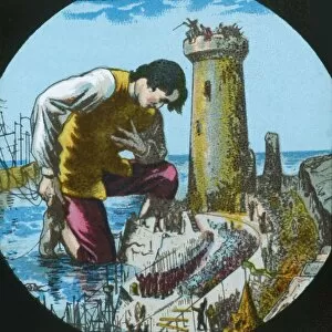 Harbour Gallery: Gulliver is thanked by the emperor of Lilliput... lantern slide, late 19th century