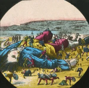 Gulliver is tied up by the Lilliputians, lantern slide, late 19th century. Creator: Unknown Gulliver is tied up by the Lilliputians, lantern slide, late 19th century. Creator: Unknown