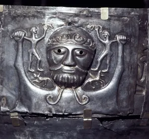 Gundestrup Cauldron, Celtic God holding two men, Danish, c100 BC