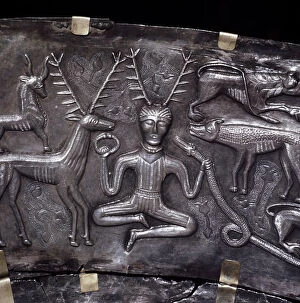 Denmark Collection: Gundestrup Cauldron, showing Celtic horned god Cernunnos with torc, Denmark, c100 BC