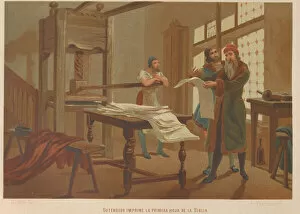 Printmaking Gallery: Gutenberg prints the first page of the Bible. From: La ciencia y sus hombres, 1879