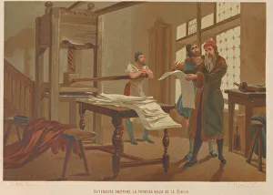 Printmakers Prints: Gutenberg prints the first page of the Bible. From: La ciencia y sus hombres, 1879