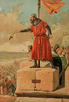 Guzman the Good throws his dagger at the Muslims during the siege of Tarifa in 1296, 1890. Creator: Unknown
