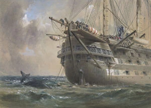 Telegraphy Collection: H. M. S. Agamemnon Laying the Atlantic Telegraph Cable in 1858: a Whale Crosses the Line