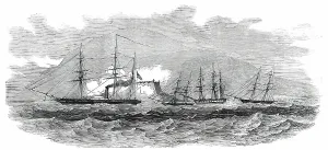 Slaver Prints: H. M. Steam-Frigate Cormorant Passing the Fort of Paranagua