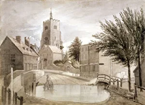 Hackney Brook and St Johns church, Hackney, London, c1790