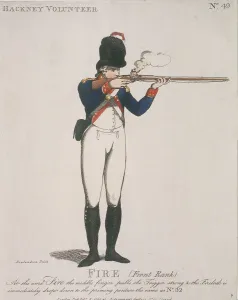 Volunteer Forces Prints: Hackney Volunteer firing a rifle, 1798