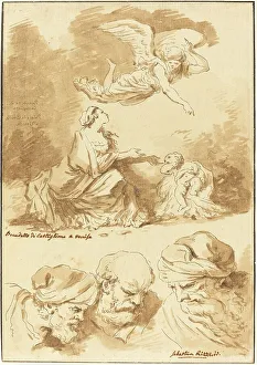 Consoling Prints: Hagar Consoled by an Angel (from a painting by Castiglione) and Three Heads of Old Men