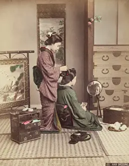 Preparing Prints: Hair Dressing: Interior with Two Women, c1885. Creator: Unknown