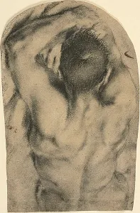 Stumping Prints: Half-Length Recumbent Male Nude Seen from the Back, c.1590. Creator: Pietro Faccini