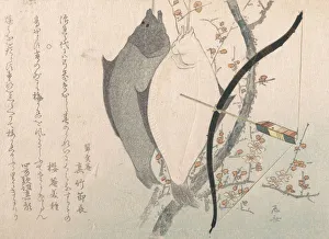 Ryuryukyo Shinsai Prints: Halibuts and a Bow with Arrow Hanging on a Plum Tree, 19th century. 19th century