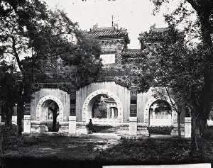 Ming Dynasty Prints: Hall of Classics (Guozijian), Peking: a triple archway of sculpted marble leading