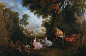 Autumnal Gallery: The Halt During the Chase ( Rendez-vous de chasse ), 1717-1720. Artist: Jean-Antoine Watteau