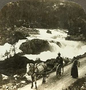 Halt of a stolkjaerre on the Telemarken road beside the foaming Little Rjukan Falls Halt of a stolkjaerre on the Telemarken road beside the foaming Little Rjukan Falls