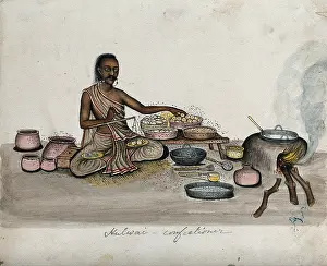 Street Vendor Prints: A halwai (sweet maker) weighing some mithai (sweets)