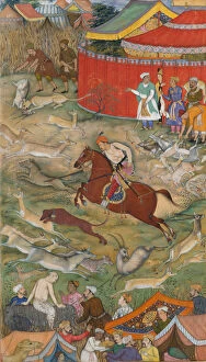 Akbar Collection: Hamid Bhakari Punished by Akbar, Folio from an Akbarnama, ca. 1604. Creator: Manohar