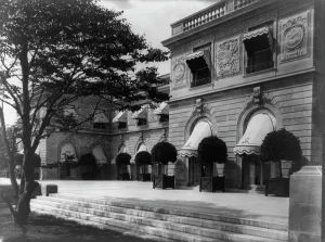 Hamilton Rice Home in Newport, Rhode Island, exterior view showing potted... between 1917 and 1927. Creator: Frances Benjamin Johnston