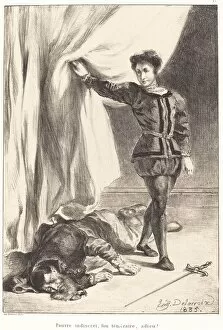 Incident Gallery: Hamlet and the Body of Polonius (Act III, Scene IV), 1835. Creator: Eugene Delacroix