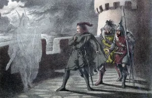 Hamlet seeing his fathers ghost on the battlements of Elsinore Castle. Artist: Robert Dudley