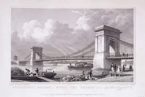 Hammersmith Prints: Hammersmith Bridge with water vessels on the River Thames, Hammersmith, London, 1828