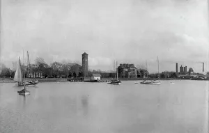 Hampton Institute campus from offshore (southern waterfront), Hampton, Virginia, 1899. Creator: Frances Benjamin Johnston