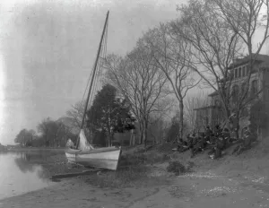 Art Class Prints: Hampton Institute students sketching a fishing boat at river bank