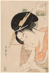 Hanaogi of the Ogiya, from the series Renowned Beauties Likened to the Six Immortal... c. 1795/96. Creator: Kitagawa Utamaro. Hanaogi of the Ogiya, from the series Renowned Beauties Likened to the Six Immortal... c. 1795/96