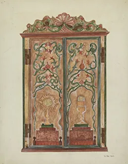 Carpentry Prints: Hand-carved Cabinet, c. 1937. Creator: Vera Van Voris