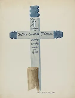 Headstone Prints: Hand Made & Painted Wooden Cross - Headstone, c. 1937. Creator: Majel G. Claflin