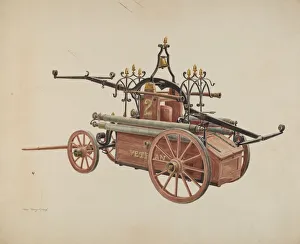 Firefighting Prints: Hand Powered Fire Pump, c. 1938. Creator: Hans Mangelsdorf