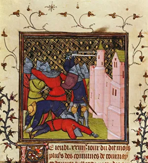 Visor Prints: Hand-to-hand fighting with swords in defence of a castle, 14th century