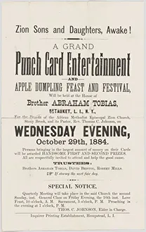 Handbill advertising a punch card event at A. M. E. Zion Church Stony Brook, 1884
