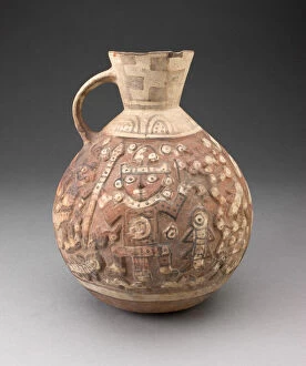 Lambayeque Gallery: Handeled Jar with Painted Relief Depicting Figure with Animals, 1000 / 1476