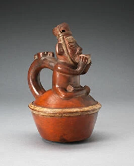 Chimu Gallery: Handle Spout Vessel Depicting Seated Figure Drinking from Cup, A.D. 1200 / 1450