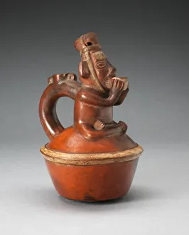 Handle Spout Vessel Depicting Seated Figure Drinking from Cup, A. D. 1200 / 1450