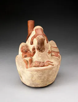 Deceased Prints: Handle Spout Vessel in the Form of a Mountain with Deceased Human Figures and... 100 B.C