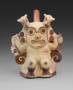Handle Spout Vessel in Form of Sacrificer Wearing a Jaguar Headdress, 100 B. C. / A. D. 500
