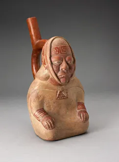 Handle Spout Vessel in the Form of a Seated Female Wearing Patterned Headkerchief Handle Spout Vessel in the Form of a Seated Female Wearing Patterned Headkerchief