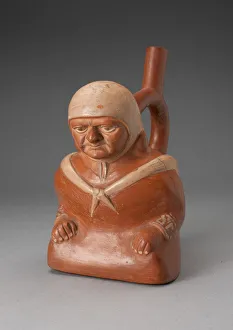 Handle Spout Vessel in the Form of a Seated Figure Wearing Tied Shawl, 100 B. C. / A. D. 500