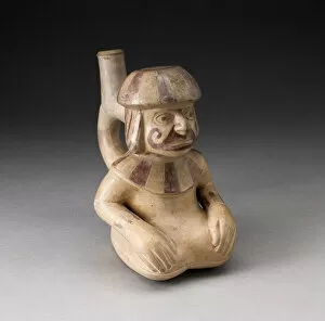 Handle Spout Vessel in the Form of Seated Man with Tatooed or Painted Face, 100 B.C. / A.D