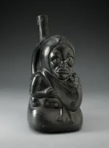 Andean Gallery: Handle Spout Vessel in the Form of a Skeletal Figure Holding a Child, 100 B.C. / A.D. 500