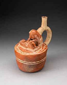 Curing Gallery: Handle Spout Vessel with Healer or Midwife Touching a Reclining Figure, 100 B.C. / A.D. 500