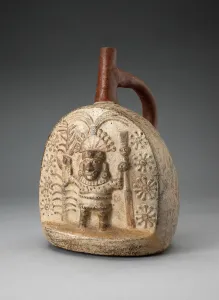 Handle Spout Vessel with Relief Depicting a Standing Figure, Holding Farming Tools, 100 B Handle Spout Vessel with Relief Depicting a Standing Figure, Holding Farming Tools, 100 B