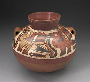 Catching Gallery: Handled Jar Depicting Birds Catching Fish, 180 B.C. / A.D. 500. Creator: Unknown