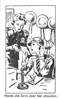 Hands the form over her shoulder, 1940 Hands the form over her shoulder, 1940