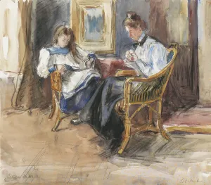 Needlepoint Prints: Handworking lady and reading girl seated in wicker chairs