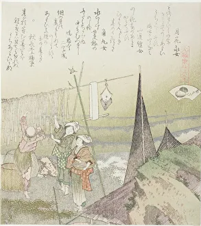 Surimono Shikishiban Prints: Hanging Abalone Out to Dry, illustration for Abalone (Awabi)