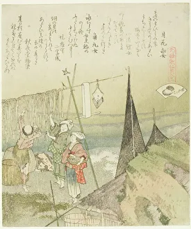 Shikishiban Surimono Prints: Hanging Abalone Out to Dry, illustration for Abalone (Awabi)