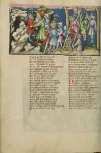 Retribution Prints: The Hanging of the Five Kings; Weltchronik, about 1400-1410. Creator: Unknown
